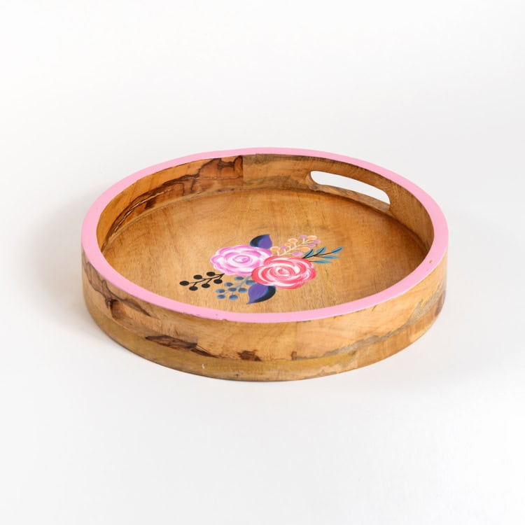 מגש עץ עגול פרחוני | ורוד